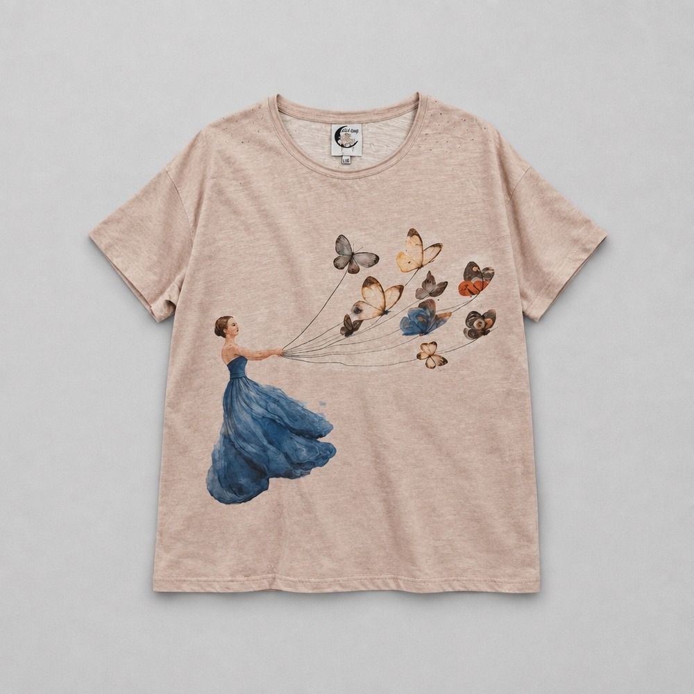 Jaded Gypsy Women L/XL Butterfly Graphic Tee Tan Acid Wash Distressed Oversized